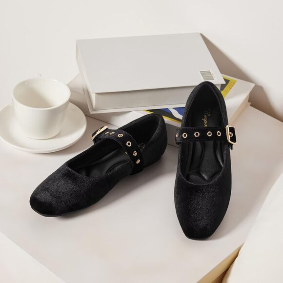 Women Velvet Black Polyurethane (PU) Closed Toe Strap Buckle Ballerina Flats - Picture 8 of 8